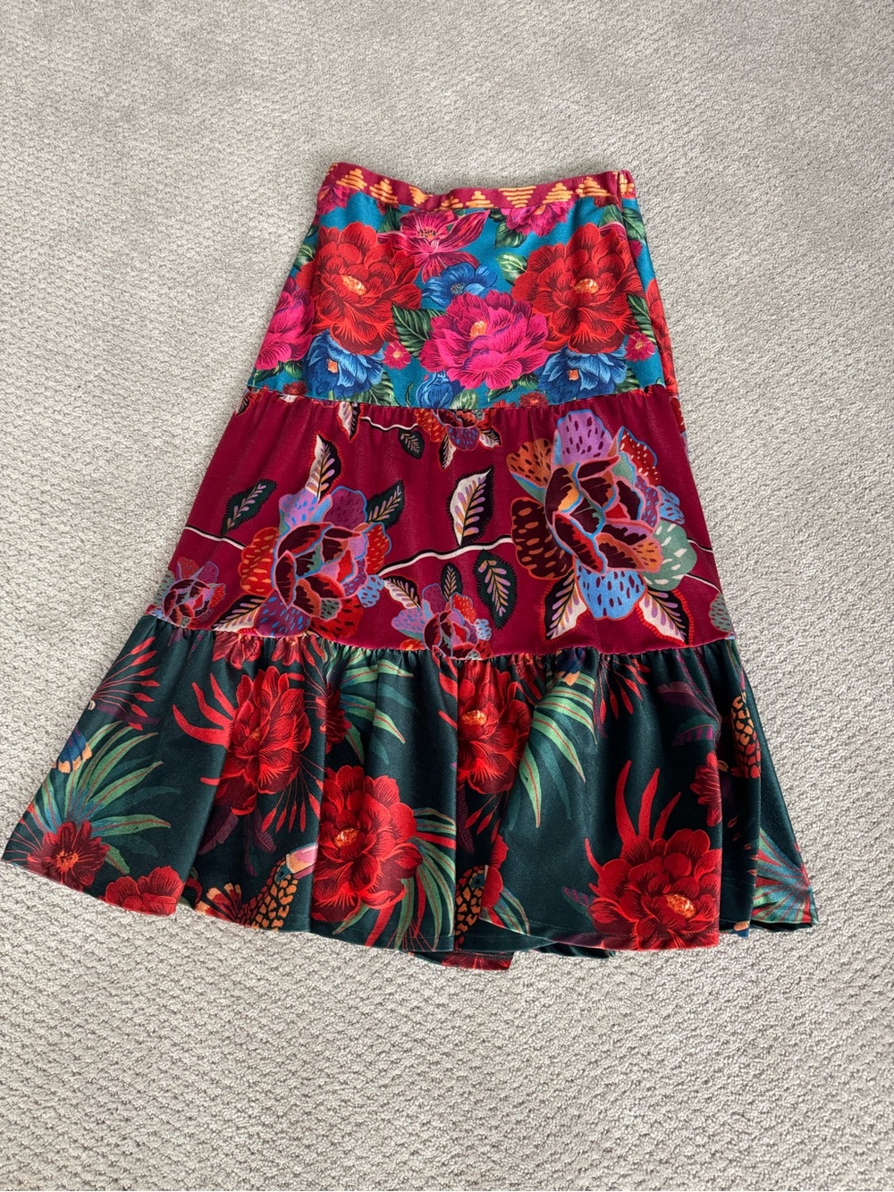 Anthropologie Vibrant Floral Tiered Maxi Skirt - Red, Magenta, Blue, Green